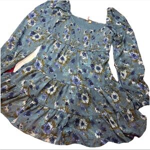 NEW Blue Floral Smocked Ruffle Dress Women's Lg Long Fluttery Sleeves, Stretchy